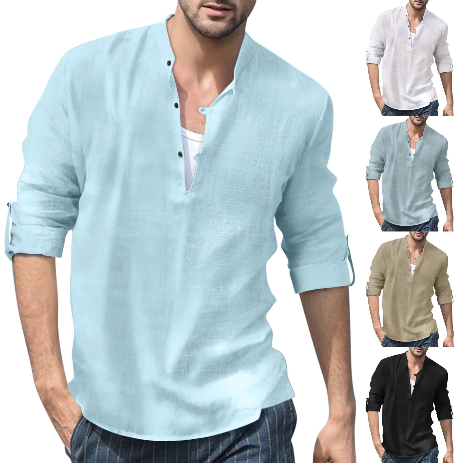 Camisa masculina Henley de linho com gola alta e manga comprida casual para outono e inverno