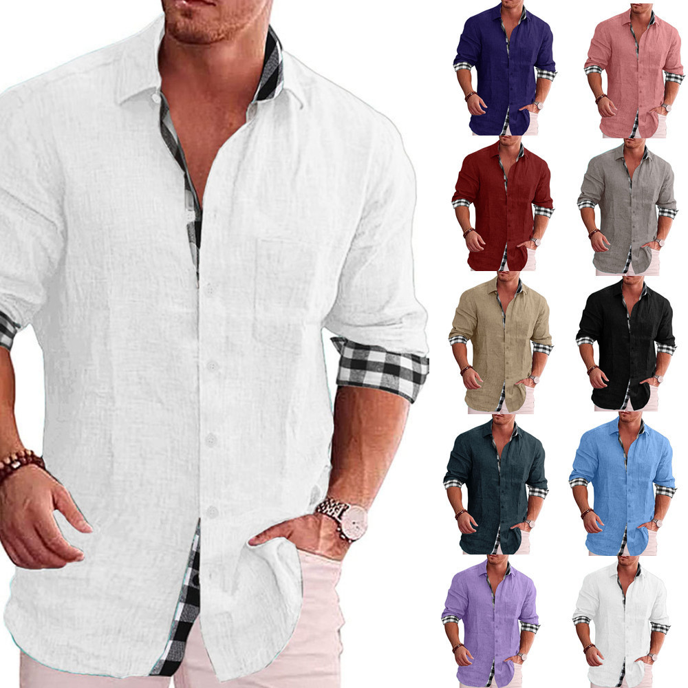 Camisas masculinas casuais de algodão e linho europeias e americanas