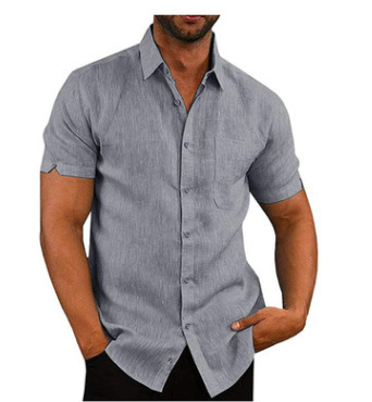 Camisa Masculina De Linho Com Lapela De Verão Cor Sólida Manga Curta