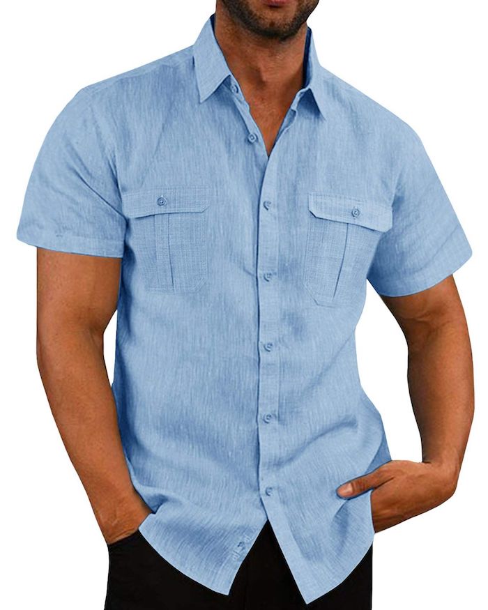 Camisa masculina com bolso duplo de algodão e linho de manga curta camisa casual de férias 7 cores