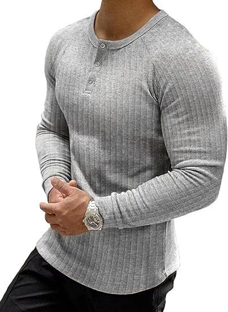Camiseta henley americana de cor sólida com fio elástico para fitness