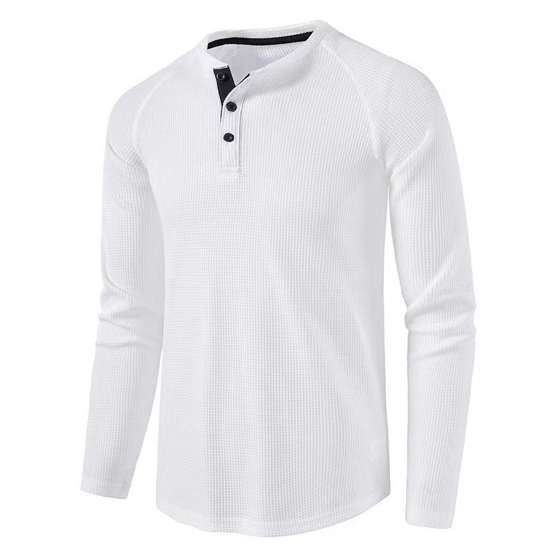Camiseta masculina europeia e americana de cor sólida camisa waffle henley de manga comprida
