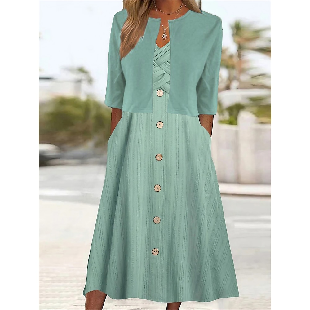 Conjunto de vestido feminino vestido casual ao ar livre moda diária moderno franzido botão midi d vestido