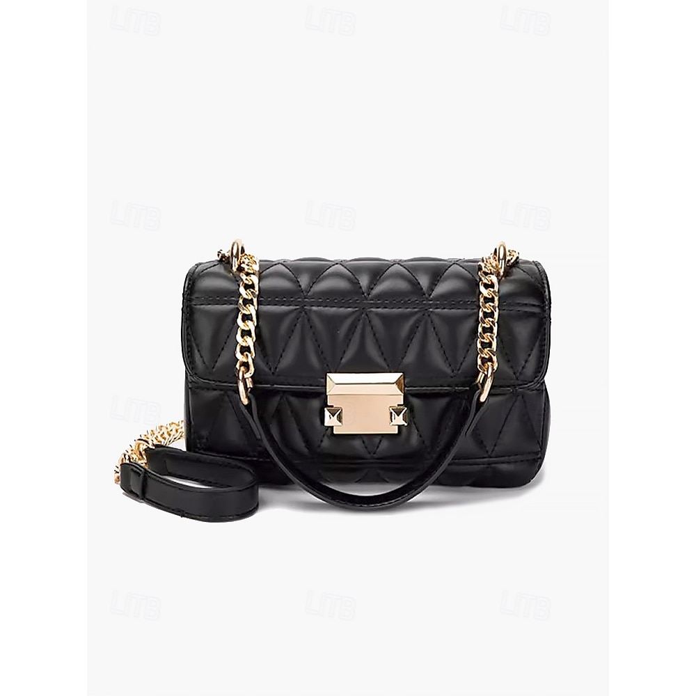 Bolsa de ombro feminina preta acolchoada com alça de corrente dourada e bolsas com fecho giratório