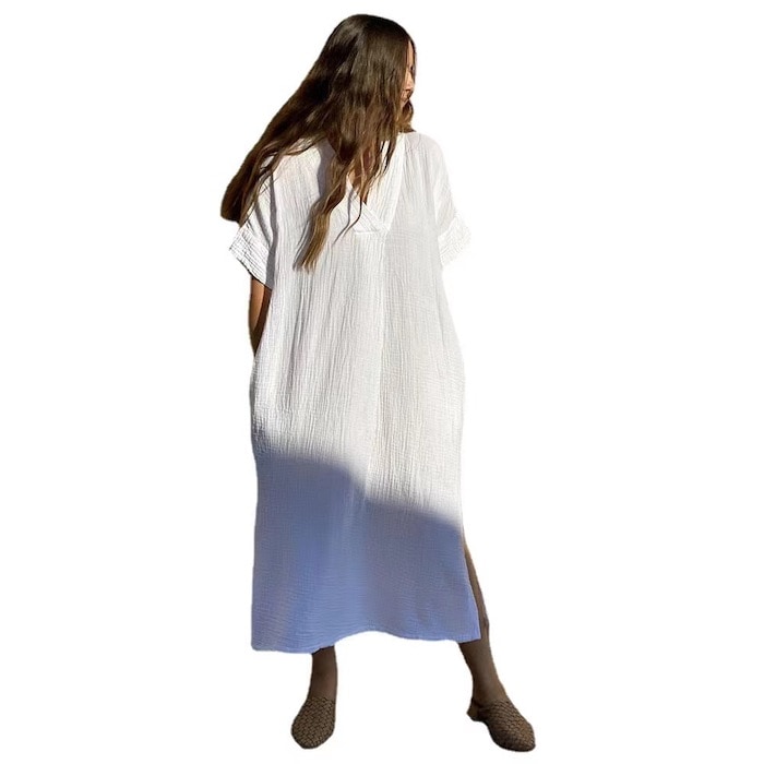 Vestido feminino enrugado de algodão rayon cor sólida estilo minimalista loungewear capa de praia