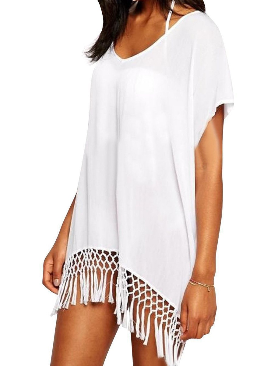 Vestido de saída de praia sexy com borla de cor sólida e manga dolman solta com proteção solar