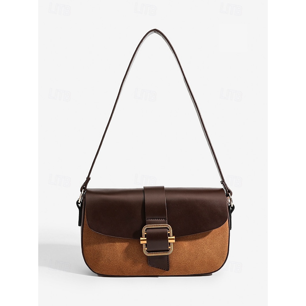 Bolsa de ombro feminina marrom de couro sintético e camurça com detalhe de fivela