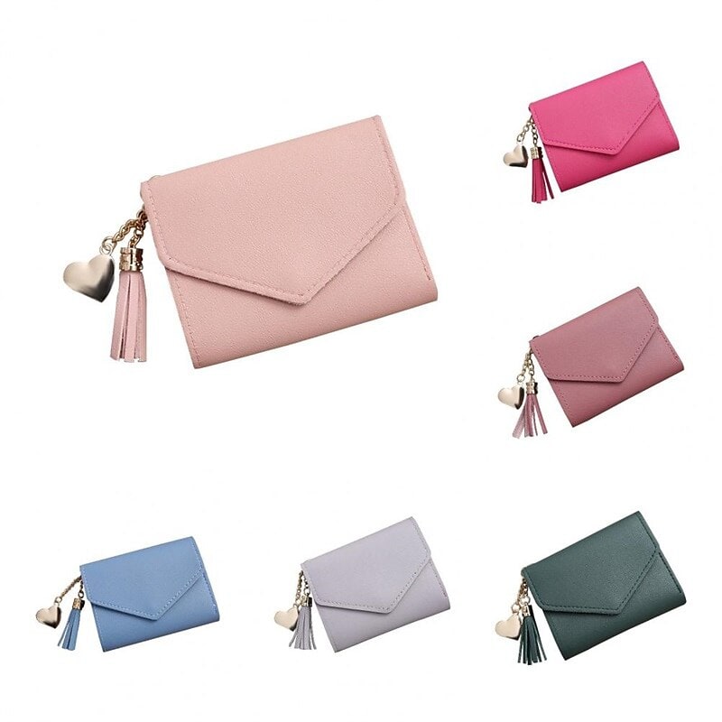Carteiras femininas Carteira curta de couro sintético com pingente de borla fofo Porta-moedas
