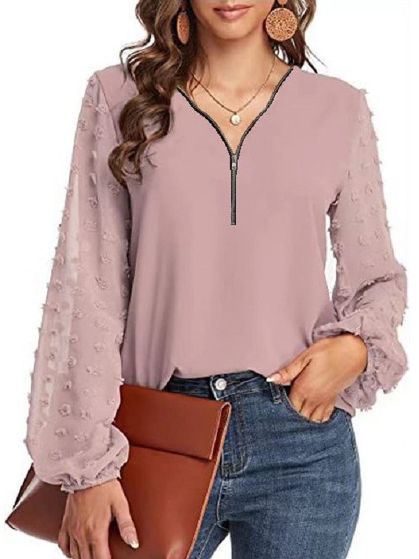 Camisa de fundo versátil com decote em V e zíper, manga comprida, manga lanterna, cor sólida