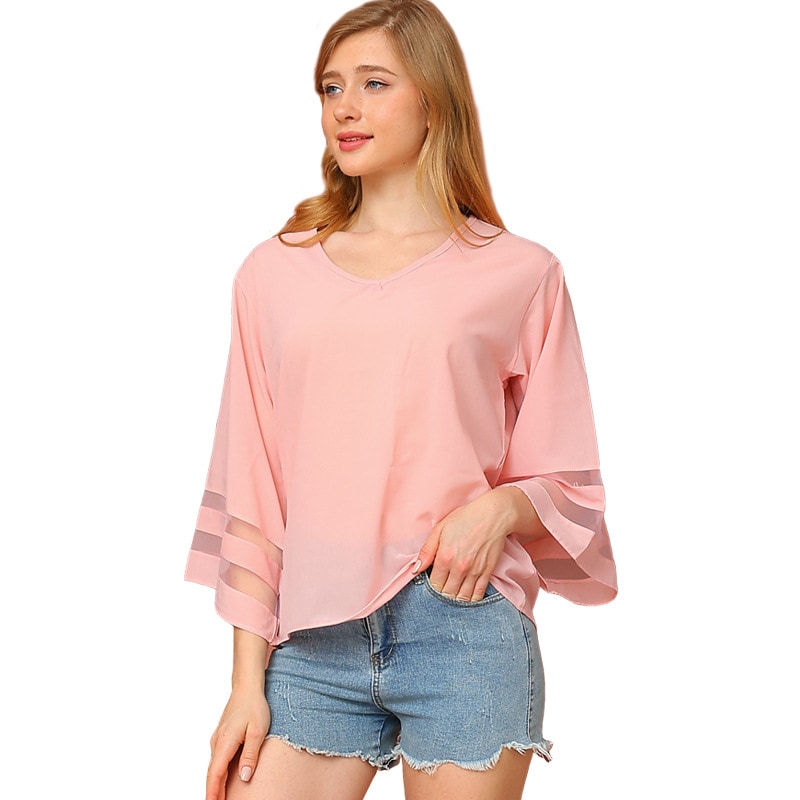 Malha solta com decote em V emendando camisa de chiffon estilo feminino doce e fresco