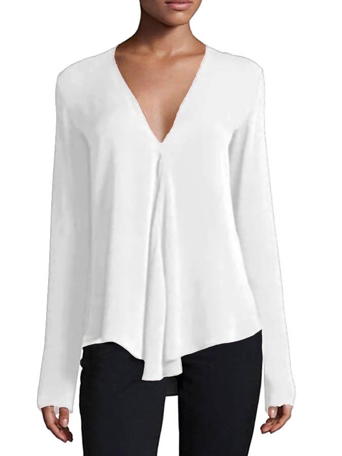 Pulôver de cor sólida com decote em V com grande balanço e top de seda pegajosa falsa intelectual