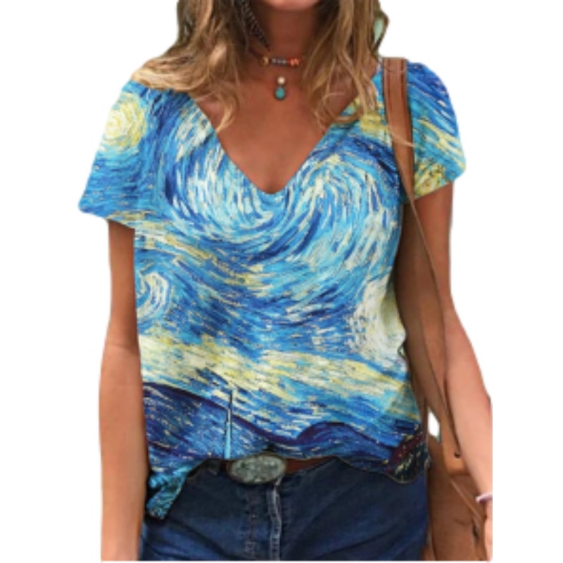 Camisa feminina com tema de pintura a óleo Noite Estrelada de Van Gogh estampada com decote em V de manga curta