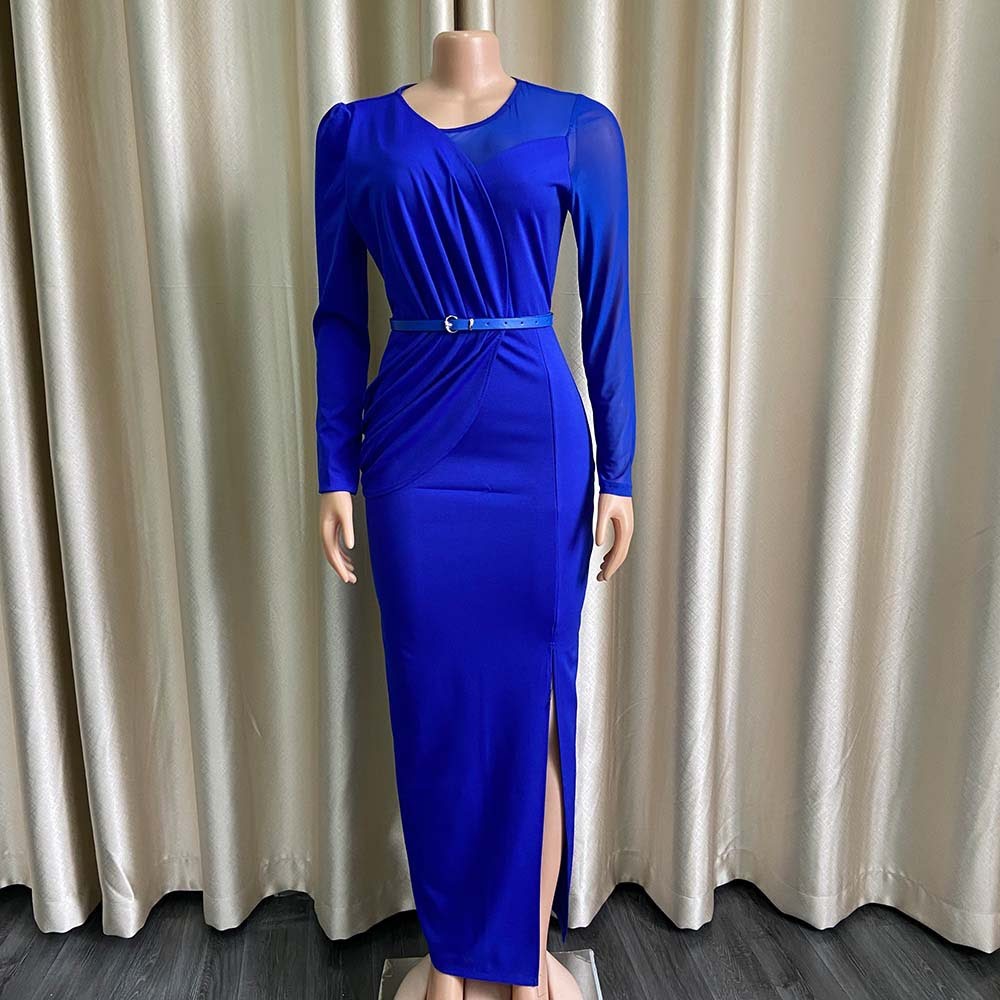 D190 Elegante Sólido Franzido Plissado Malha Patchwork Maxi Vestido