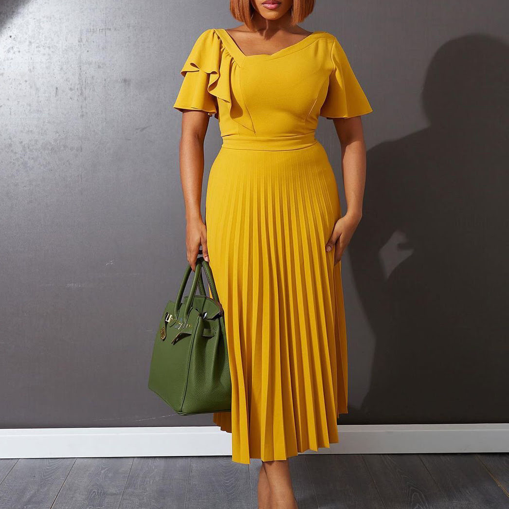 D231 Vestido midi plissado feminino com mangas curtas e babados