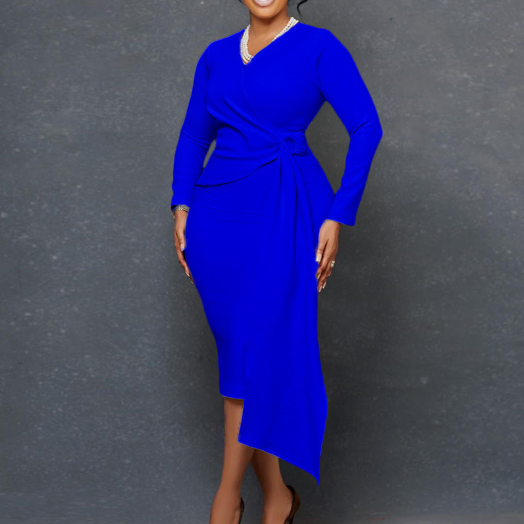 D302 Vestido elegante com decote redondo e manga comprida