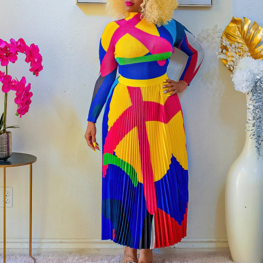 D420 Conjunto de saia de duas peças, manga longa, estampa plissada, saia contrastante e top para mulheres