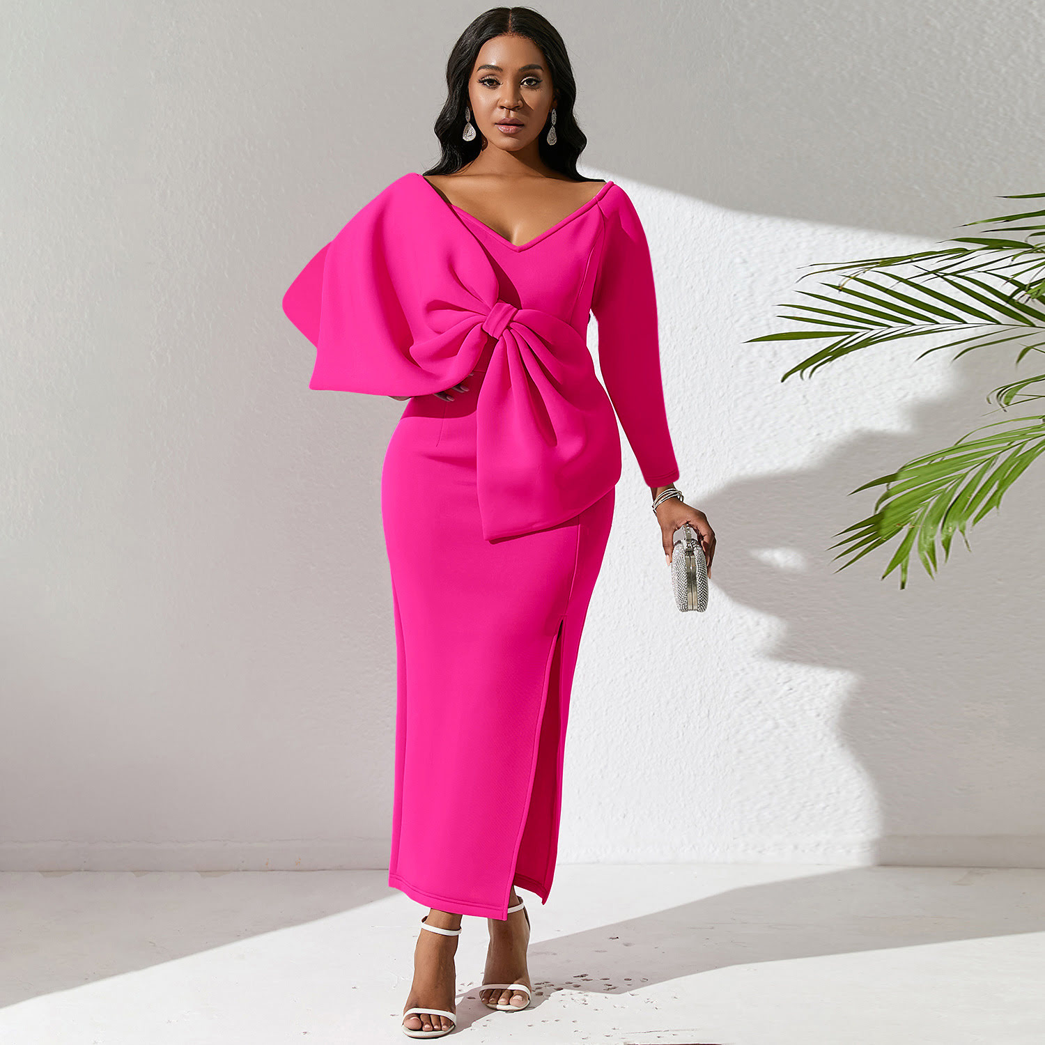 D450 Vestido de noite com saia lápis e quadril envolvente