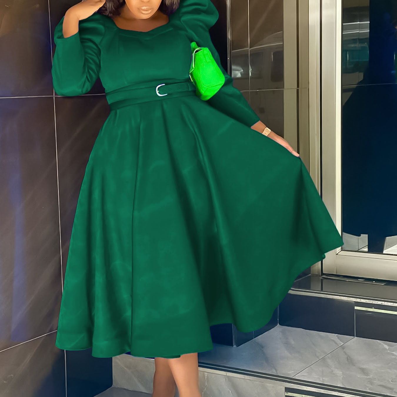 D467 Vestido de festa feminino com manga longa bufante