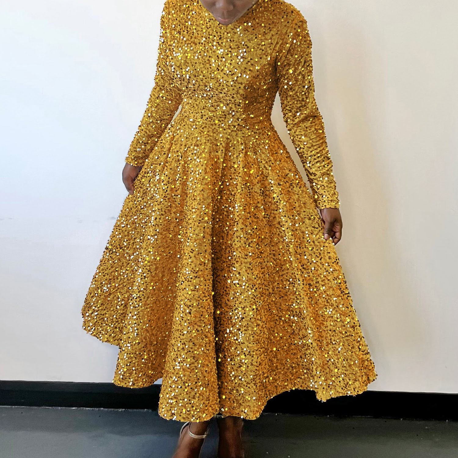 D469 Vestido midi temperamento feminino com decote redondo, manga longa, cor sólida, lantejoulas, cintura alta