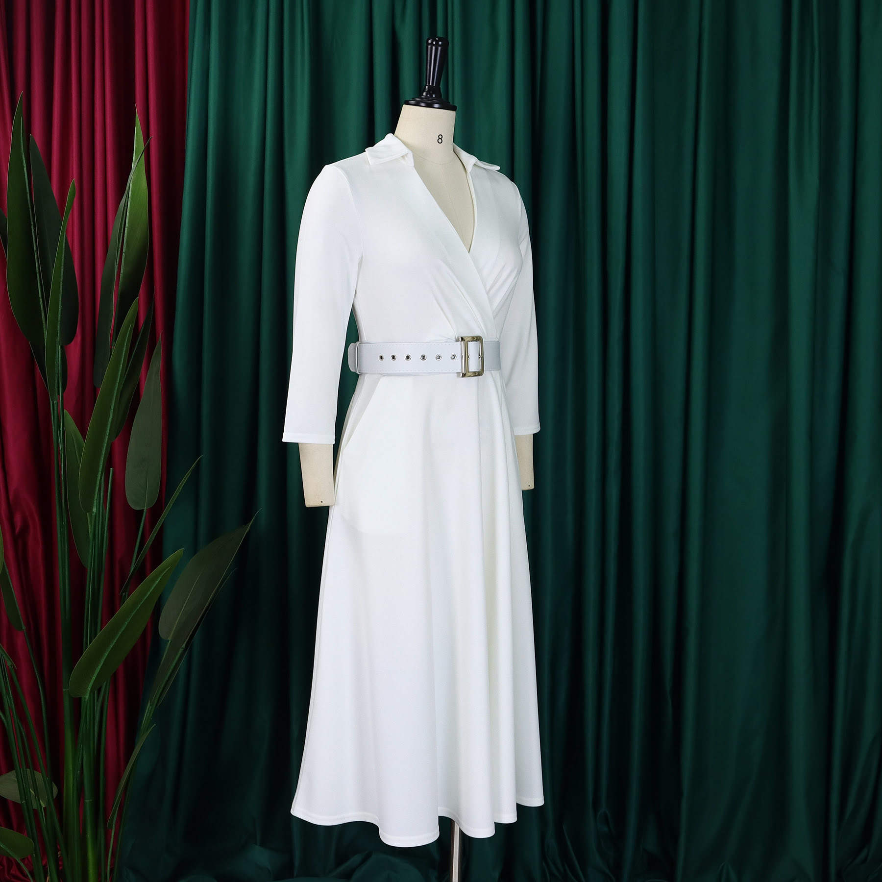 D478 Mangas três quartos femininas, linha A alargada, senhoras formais de escritório com cinto