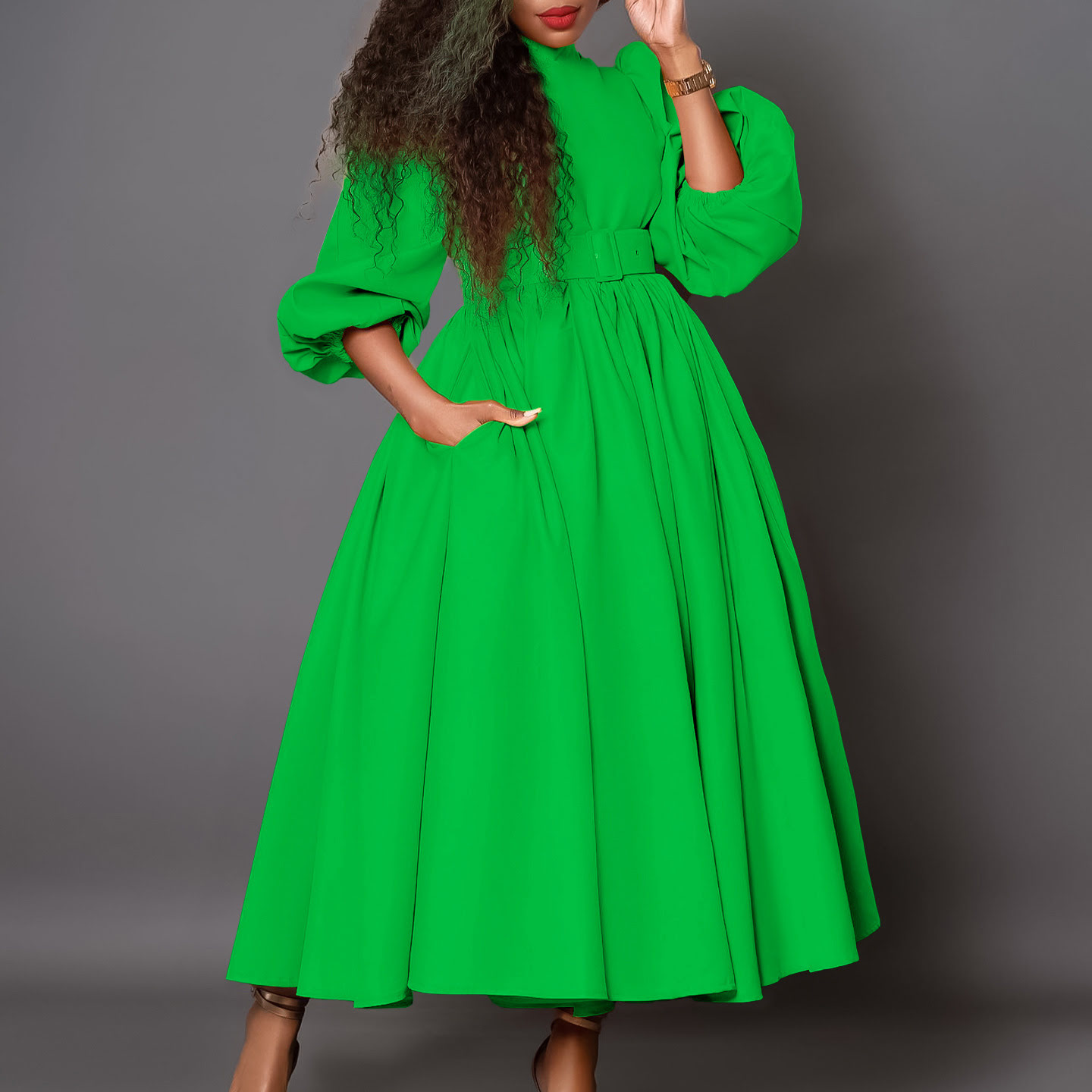 D491 Vestido longo feminino maxi com manga bufante 3/4 e linha A, plissado, coquetel