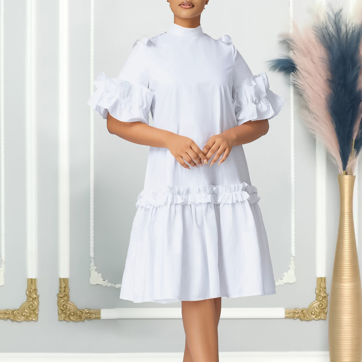 D503 Vestido midi elegante com babados e pregas