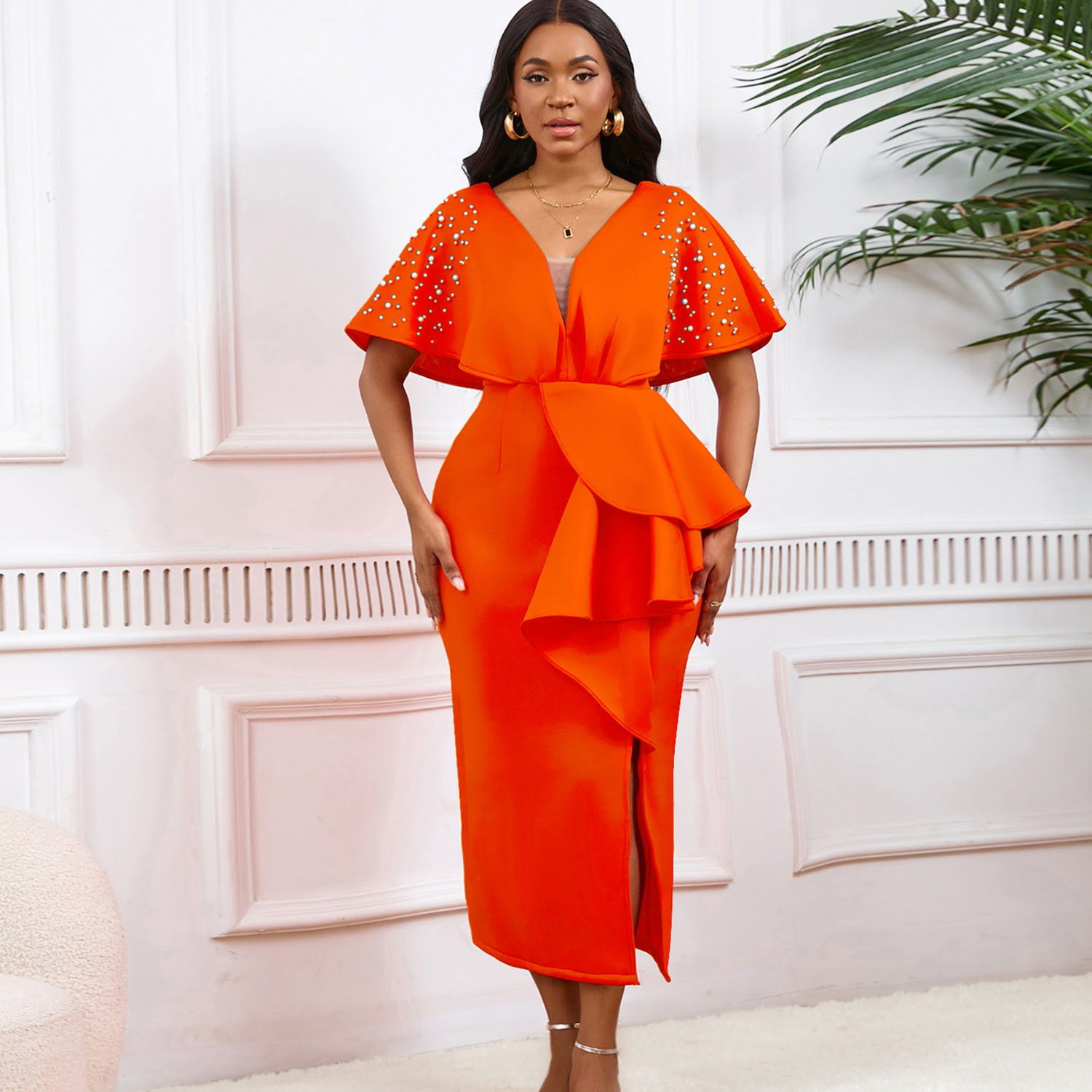 D516 Roupas femininas Moda V-neck Babados Split Beaded Party Dress