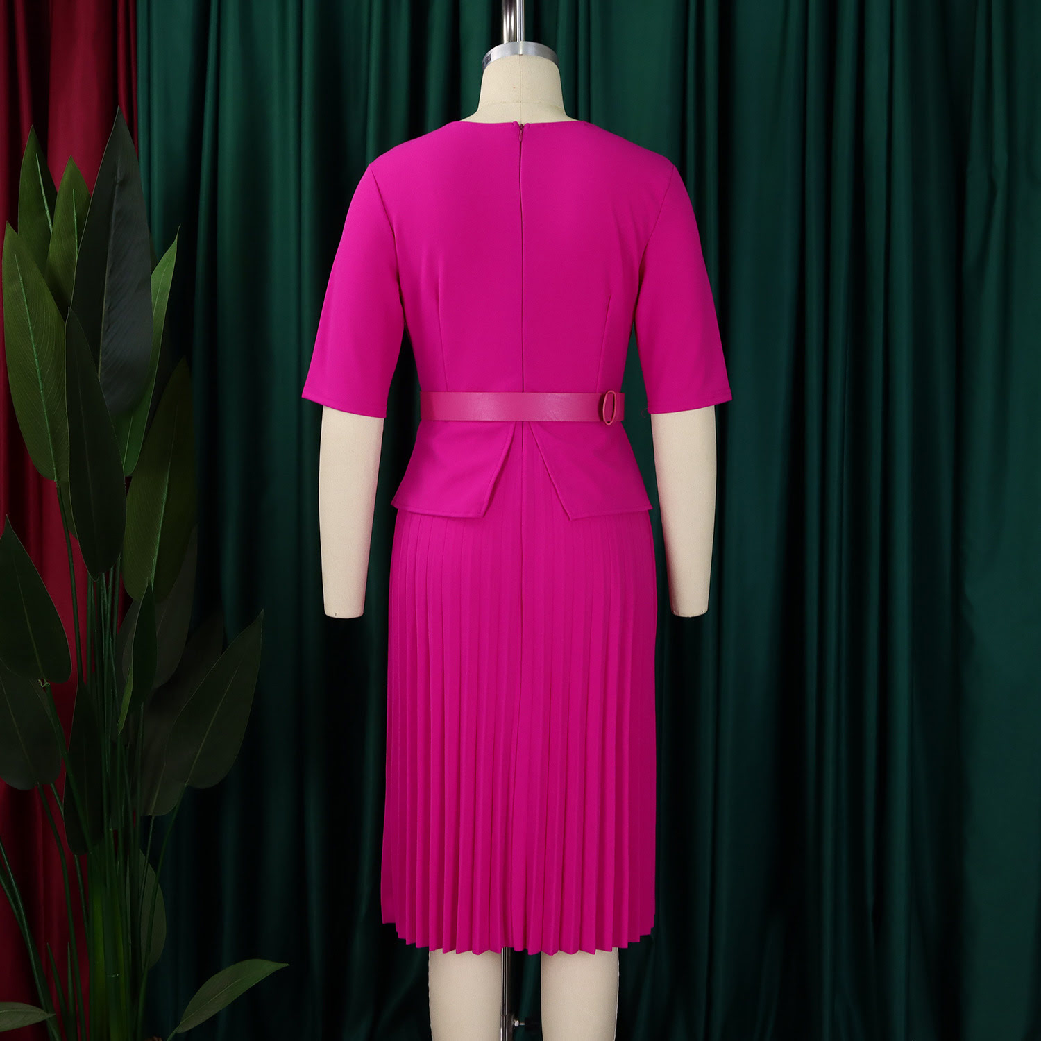 D520 Vestido profissional com decote em V, cor sólida, plissado, feminino, escritório, slim fit, tamanho grande