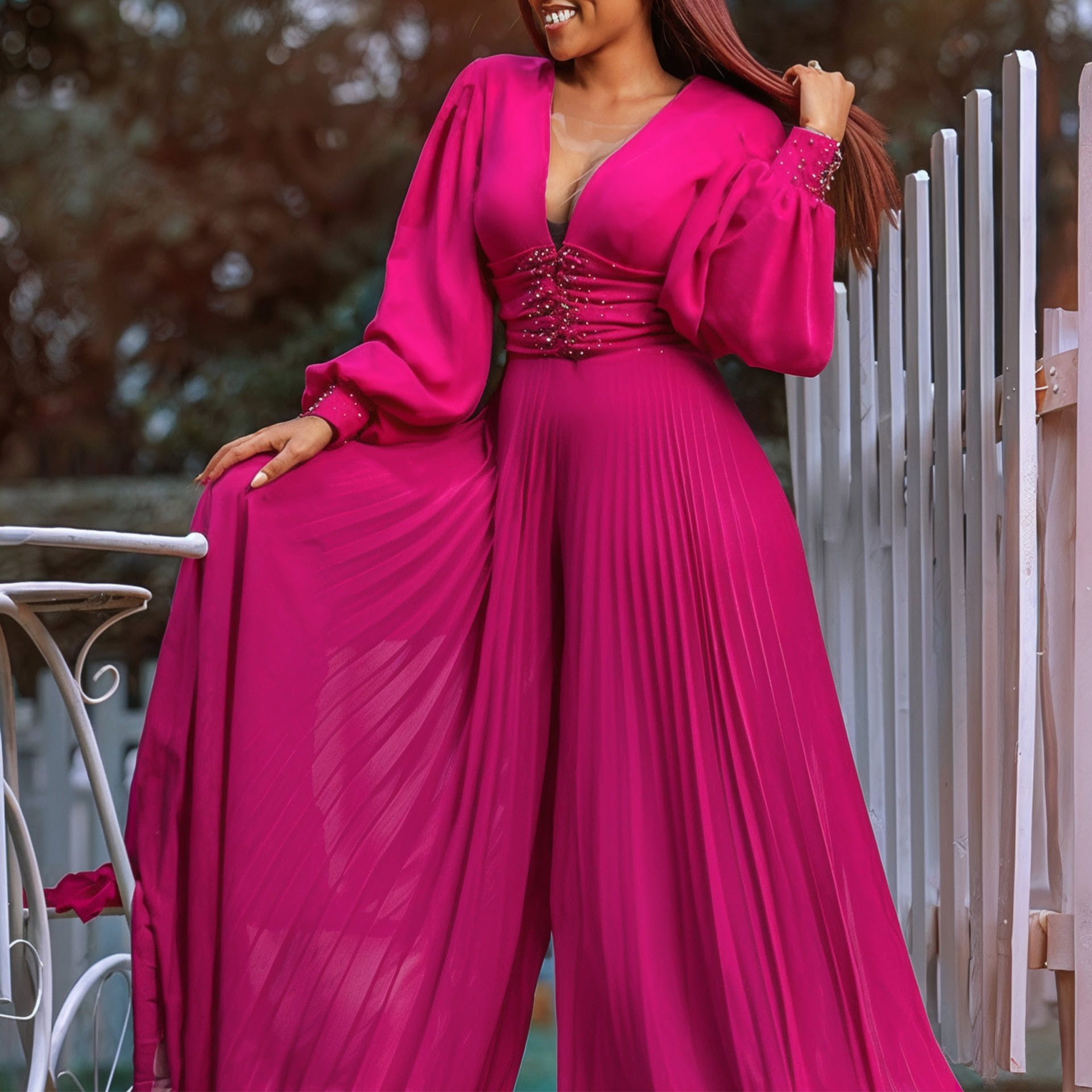 D534 Macacão feminino casual de manga comprida e perna larga, cor sólida, com cadarço