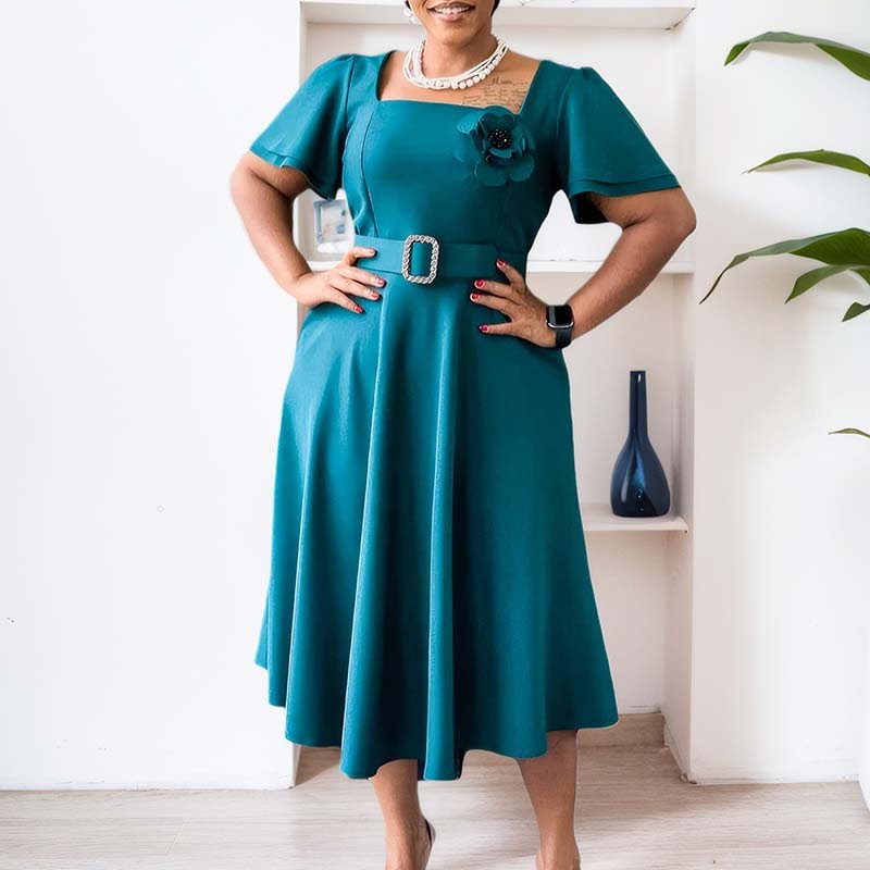 D568 Summer Women's New Fashion Square Neck Solid Color High Waist Swing Skirt Dress